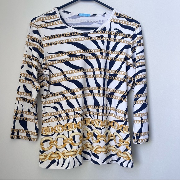 J. McLaughlin Catalina Cloth Top Navy White Zebra & Gold Chain Print Size Medium - Picture 1 of 5